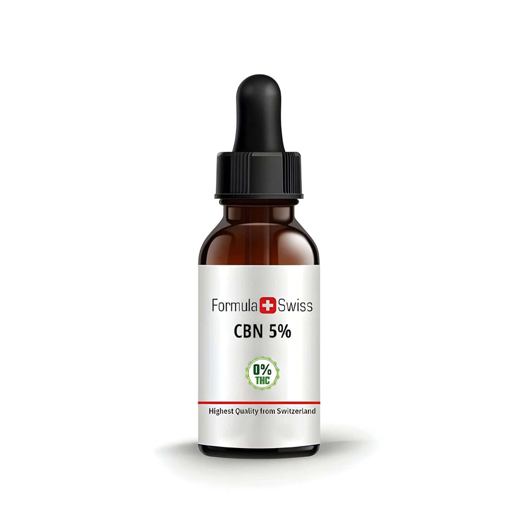 Flaske med Formula Swiss CBN olie 5 % med pipette på hvid baggrund