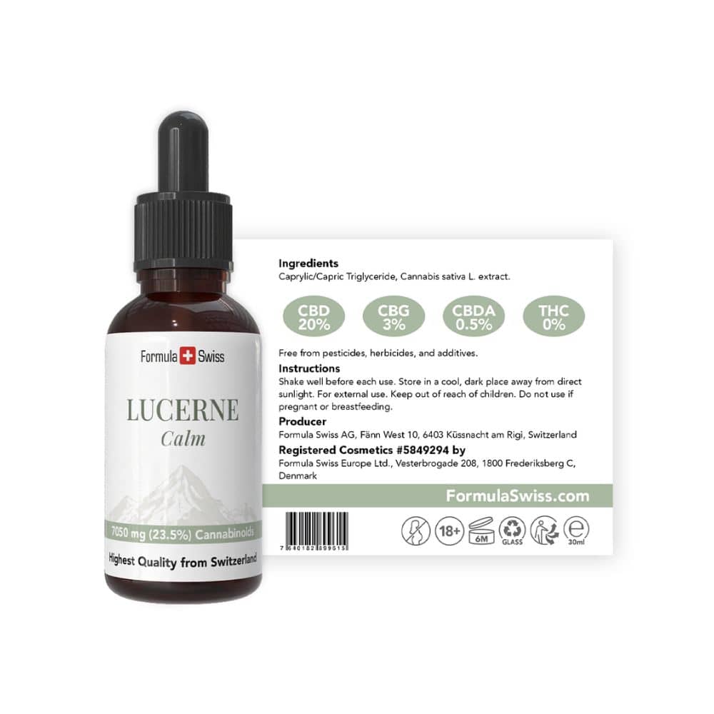 Flaske med Lucerne Calm og etiket på hvid baggrund