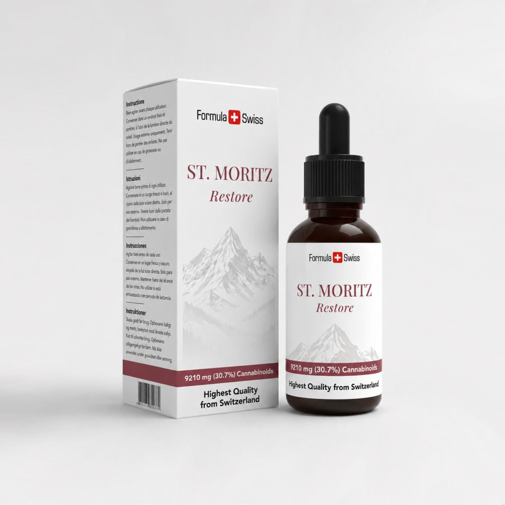 St. Moritz Restore-flaske og emballage på hvid baggrund