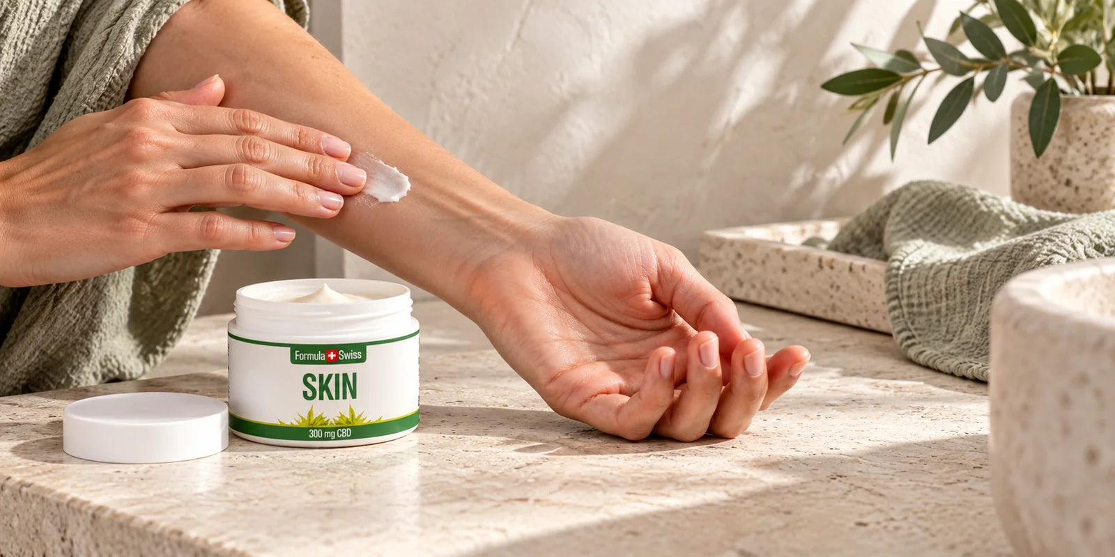 Formula Swiss Skin Balm jar on a pale stone countertop