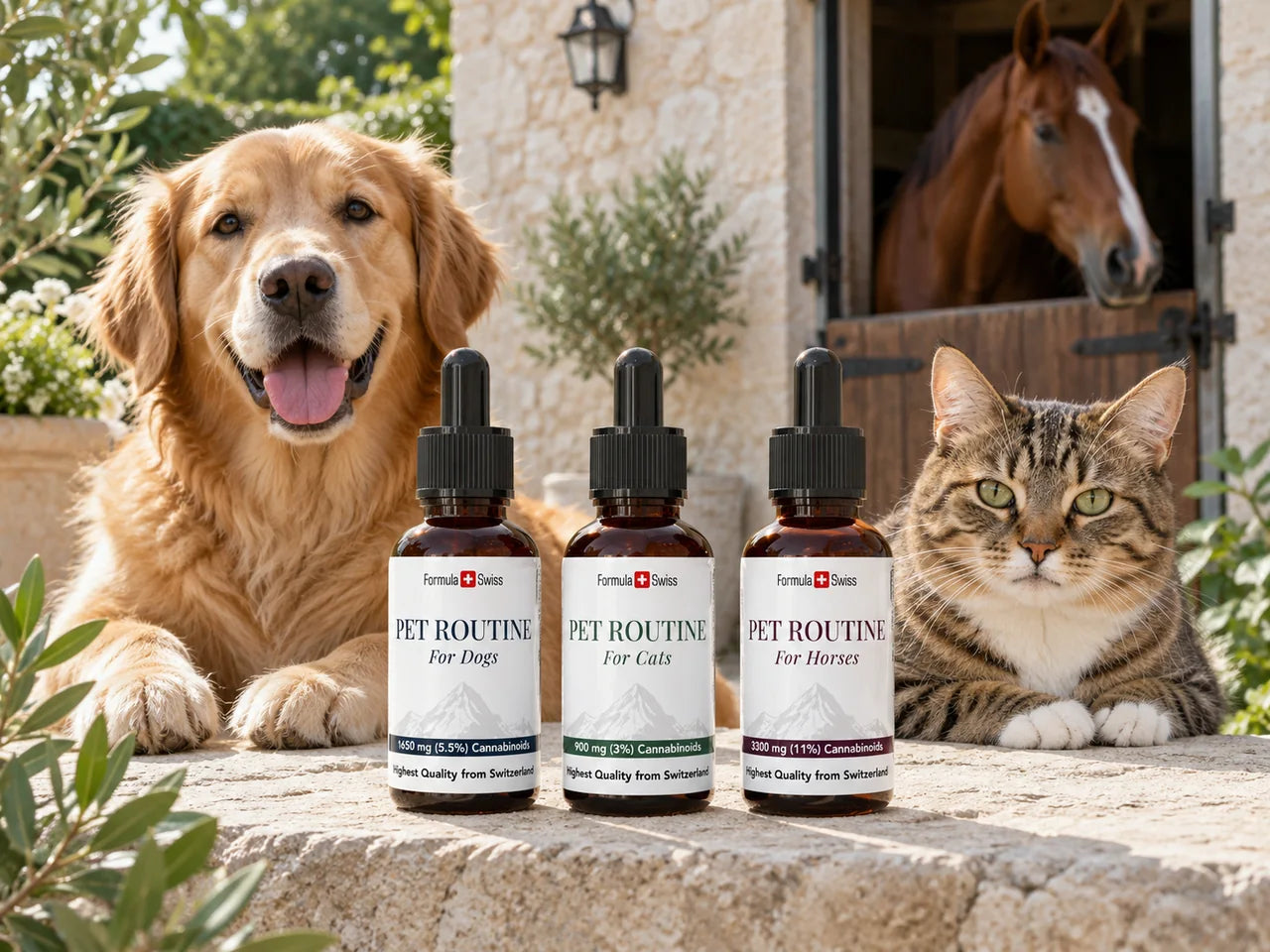 Formula Swiss Pet Routine bottles for dogs, cats and horses with a dog, cat and horse