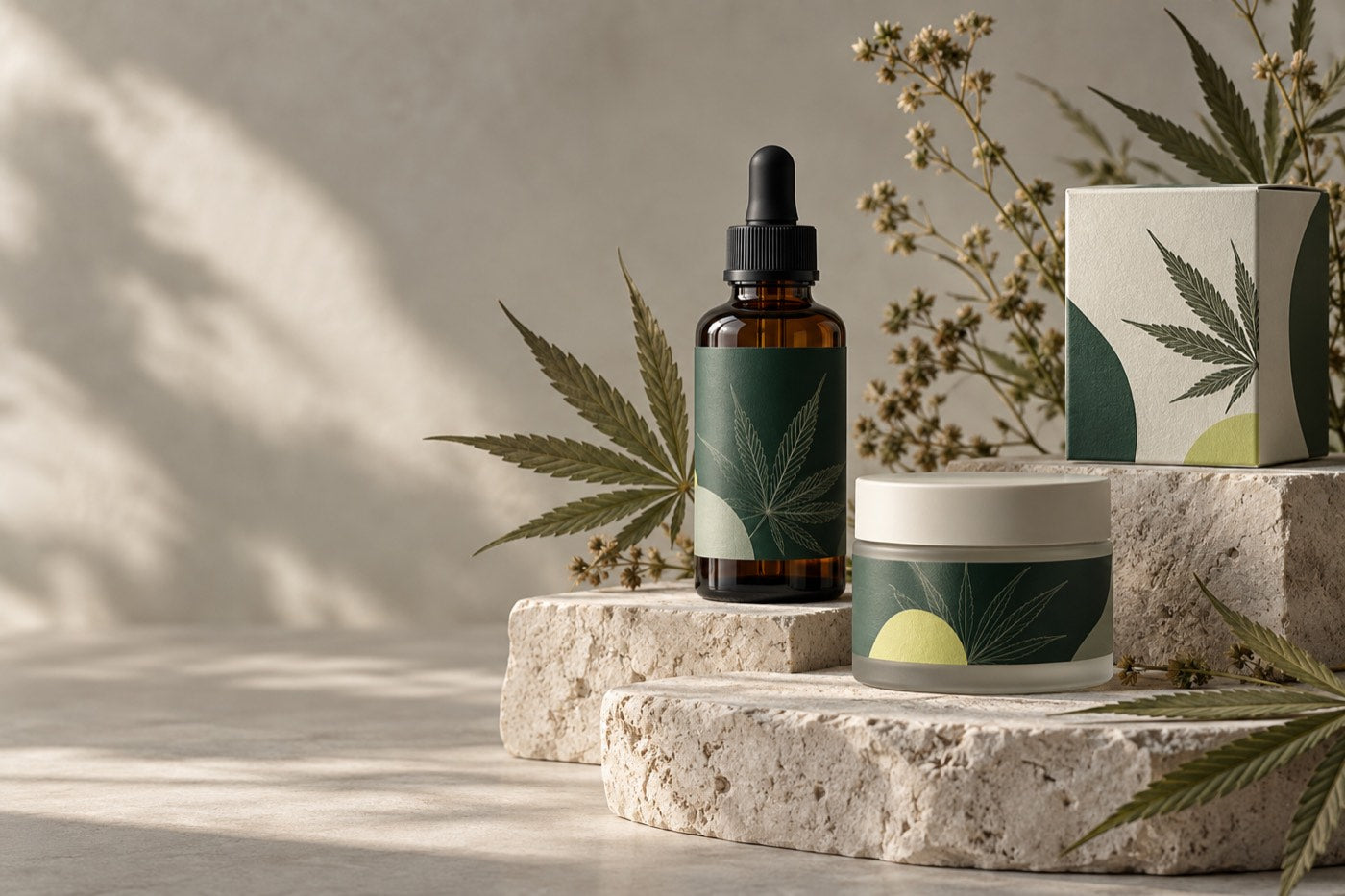 CBD oil bottle arranged beside a cream jar