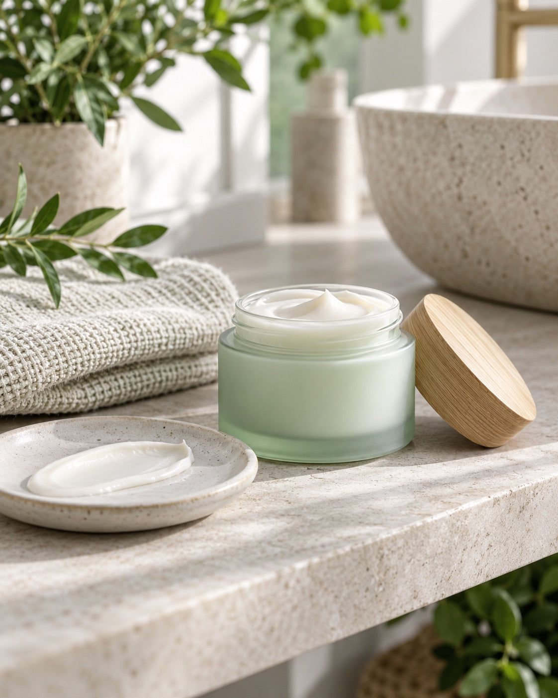 Open topical cream jar with linen and a ceramic texture palette