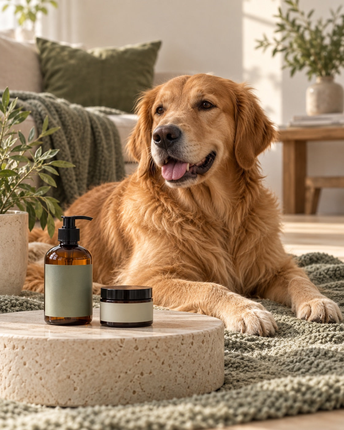 Golden retriever beside sealed pet-care products in a calm interior
